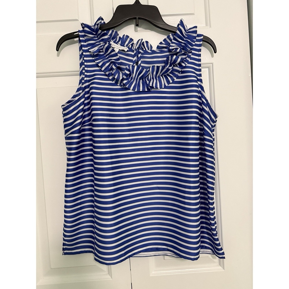 Talbots Rsvp Nautical Blouse Womens Sleeveless Blouse Ruffle Blue Stripe Sz PL